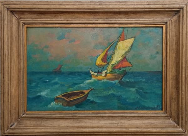 ARTISTA NÃO IDENTIFICADO - Barco no mar - Óleo sobre tela - Ass. Inf. Dir. - Medida: 40 x 55 cm. (com moldura) — Artista não Identificado
