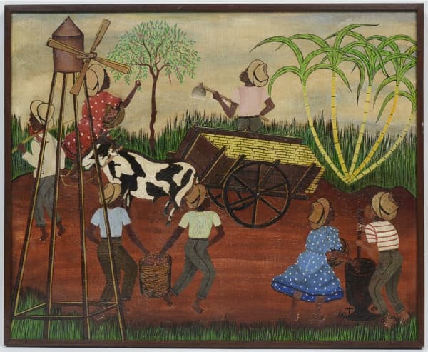 HEITOR DOS PRAZERES ( 1898 - 1966 Rio de Janeiro, RJ ) - " Figuras e Carro de Boi na Plantação de Cana ", óleo sobre tela. Assinado canto inferior esquerdo, década de 50/60. ( Apresenta alguns craquelês já fixados e sinais do tempo ). Med: 50 x 61 cm Grande artista plástico, músico, compositor e cantor. Em parceria com Noel Rosa compôs a famosa música carnavalesca "Pierrô Apaixonado". Foi um dos pioneiros na composição dos sambas e participou da fundação das primeiras escolas de samba. Após 1936 — Heitor dos Prazeres