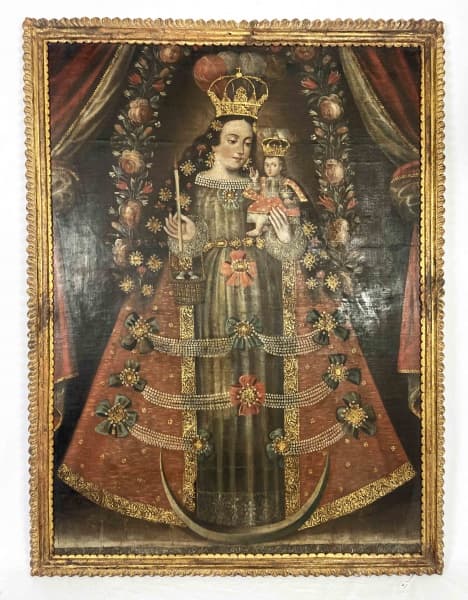 ESCOLA CUSQUENHA (Séc. XVIII). Nossa Senhora com o Menino nos braços. Ost, 121 x 88 cm. — Escola Cusquenha