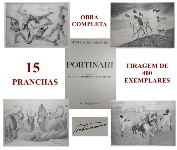 PORTINARI - 15 PRANCHAS COM DESENHOS - COMPLETO. Texto de CARLOS DRUMMOND DE ANDRADE. Rio de Janeiro: Culturix, 1964. TIRAGEM DE 400 EXEMPLARES NUMERADOS (Entre 2401 a 2800, sendo este o de nº 2443). Coleção MESTRES DO DESENHO. Bom estado de conservação; estojo original, com desgastes na lombada. Grande formato: 55 x 37 cm. — PORTINARI