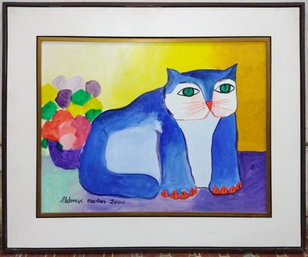 Aldemir Martins, ost, representando Gato azul , 2000, assinado, medindo79x56 cm (tela), emoldurado, medida total: 106 x 87 cm. — Aldemir Martins