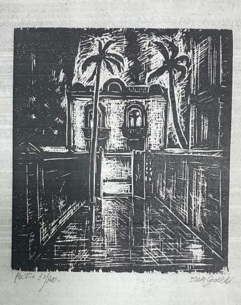 OSWALDO GOELDI (Rio de Janeiro, 31 de outubro de 1895 Rio de Janeiro, 16 de fevereiro de 1961) "Patio" Xilogravura, tiragem 50/900, A.C.I.D. Acompanha certificado de autenticidade no verso. Med 30x21 cm. Obs: Ausência de moldura. — Oswaldo Goeldi