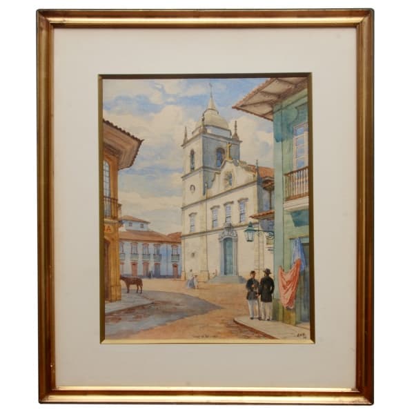 WAST RODRIGUES (São Paulo, 1891 - Rio de Janeiro, 1957) Largo da Sé, 1860. Aquarela. Ass. com iniciais e datado 43, cie. Titulado no centro. 38 x 29 cm (MI). 57 x 48 (MT). Pintor, desenhista, ceramista, ilustrador, historiador e professor. Faz retratos de personagens históricos como, por exemplo, o de João Ramalho e Martim Afonso de Souza e pinta diversas vistas da cidade de São Paulo.https://enciclopedia.itaucultural.org.br/pessoa1867/wasth-rodrigues — WAST RODRIGUES