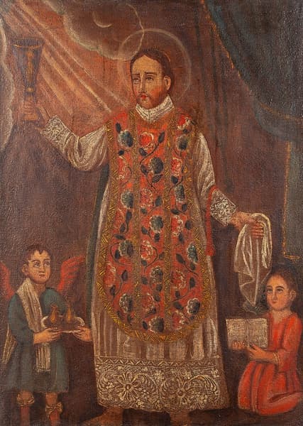 Escola Cusquenha. "Consagração do Vinho". Óleo sobre tela. Século XIX. 77 x 56 cm. Moldurado. Obra reproduzida no Catálogo da Coleção de Cusquenhos de Jorge Yunes. — Escola Cusquenha