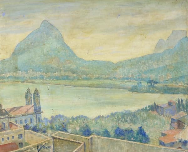 PASTANA, Manoel de Oliveira (1888 - 1984). "Paisagem do Rio Antigo". Óleo sobre tela, assinado, localizado e datado 1959 no CIE. Medida da tela 60 x 73 cm e ME 75 x 88 cm. Tela apresenta perda pictórica e algumas manchas. — PASTANA