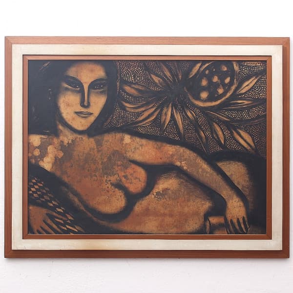 FARNESE DE ANDRADE - Nu feminino - Técnica mista sobre duratex assinado no CSD, emoldurado e medindo: 50 x 68cm (obra) e 65 x 83cm (total) — Farnese de Andrade