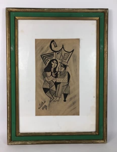 DI CAVALCANTI - "Casal" , desenho a lápis e nanquim, datado de 1943, ME 49x36,5 e MI 28x16 cm. (Atribuído). — Di Cavalcanti