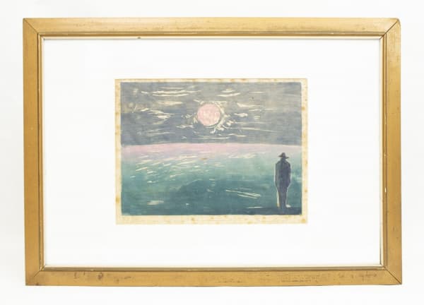 OSWALDO GOELDI (1895 - 1961) "Marinha ao entardecer e figura", xilogravura colorida, 22 X 29,5 cm, primeira tiragem póstuma de Oswaldo Goeldi 9/15, assinada por Béatrix Reynal, datada de 1975. — Oswaldo Goeldi
