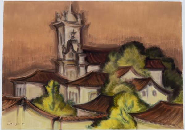 FRANK SCHAEFFER (Belo Horizonte-MG, 1917 - Rio de Janeiro-RJ, 2008) - "Telhados de Paraty" - Guache sobre cartão 52/87 - assinado e datado no c.i.e. 1987. Medida: 50 cm x 70 cm. Sem moldura. — Frank Schaeffer