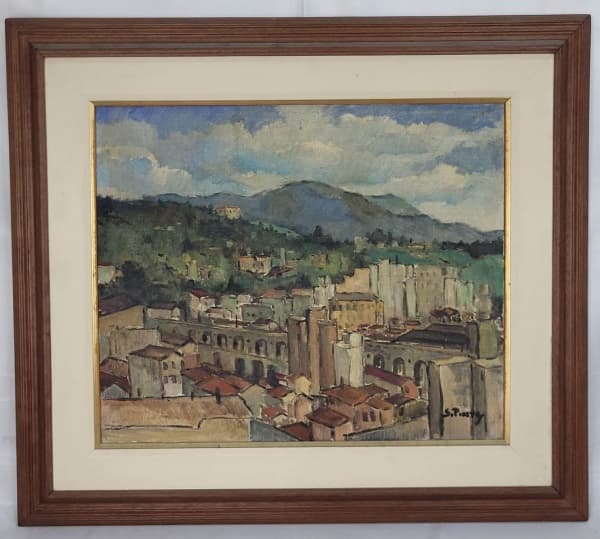 SYLVIO PINTO (Rio de Janeiro, 1918 - 1997) - "Vista da Cidade do R. Janeiro" - óleo sobre tela - assinado no c.i.d identificado e datado no verso 1947. Medida da tela: 46 cm x 55 cm. Medida da moldura: 68 cm x 77 cm. — Sylvio Pinto