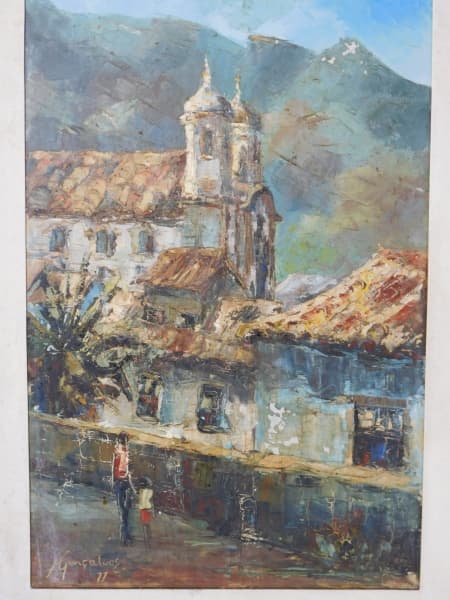 H.GONÇALVES - "Ouro Preto - Matriz Nª Srª da Conceição" óleo sobre tela, assinado e datado e localizado no verso, 1977. Pintura com perdas e craquelados. Med. da obra 60 x 40cm e da moldura 72 x 53cm. — H.GONÇALVES