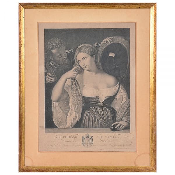 FRANÇOIS FORSTER - Gravura "La Maitresse du Titien" - Meds: 49 cm x 39 cm com paspateur; com moldura e vidro 54 cm x 44 cm. Elegante gravura de circa 1830 feita pelo gravador francês François Forster a partir da pintura conhecida como La Femme au Miroir (A Mulher no Espelho) de Ticiano, que está na coleção do Louvre. Houve várias teorias ao longo do ano sobre se a pintura era uma alegoria ou representava personagens reais. Na época em que esta gravura foi criada, acreditava-se amplamente que a o — FRANÇOIS FORSTER