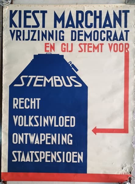 COLECIONISMO - RARO CARTAZ ORIGINAL HOLANDES DE CAMPANHA DO PARTIDO DE ESQUERDA LIGA DEMOCRATICA DO PENSAMENTO LIVRE COM A REPRENTAÇÃO DE UMA URNA COM ESCRITO COM O QUE O PARTIDO DEFENDIA ( INFLUENCIA POPULAR,DESARMAMENTO E PENSÃO DO ESTADO) , DESENHO DO ARTISTA HOLANDES JOHANNES DOMINICIUS ROS (ASSINADO J.D. ROS) , POSSUI RASURAS NO CANTO INFERIOR DIREITO E NAS BORDAS , SEM RESTAURO OU FITAS ,DIMENÇÕES 100X75 CM OBSERVE FOTOS — COLECIONISMO