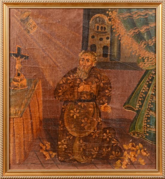 ESCOLA CUSQUENHA - SÉCULO XVII - OST - A Visão de São Francisco de Paula - Medidas: 57 x 52,5 cm e MI: 51,5 x 46,5 cm — Escola Cusquenha