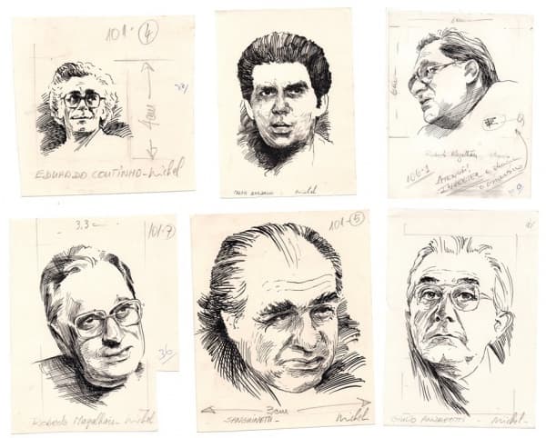 Cartunista Michel. "Eduardo Coutinho", "Giulio Andreotti", "Sanguinetti", "Roberto Magalhães" e "Roberto Magalhães Petrucio" e "Jader Barbalho". Desenho à nanquim. C. 1984. Maior 26 x 20 cm. — Cartunista Michel