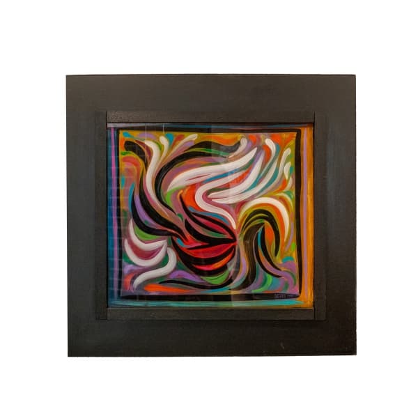 BÁRBARA SCHUBERT SPANOUDIS (Sachsen-Anhalt, Alemanha, 1927) "Sob vidro V", óleo fixe e técnica mista sob vidro, medindo 32 cm por 35,5 cm, a.c.i.d., datado "1998". — BÁRBARA SCHUBERT SPANOUDIS