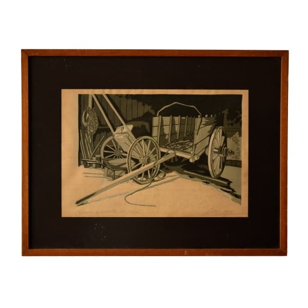 CARLOS SCLIAR (Santa Maria, RS, 1920 - Rio de Janeiro, RJ, 2001) "Carroça e carreta no galpão", gravura em cor sobre papel, medindo 32 cm por 46,5 cm, a.c.i.d., datado "1956". — Carlos Scliar