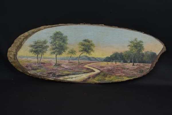 Frida Pechmann, pintura sobre placa de madeira, paisagem, Novo Hamburgo, RS 1940 - med. 17x45cm — Frida Pechmann