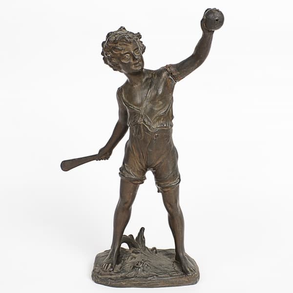 F. J. FFLAND - Esportista - Escultura inglesa em bronze patinado e finamente cinzelado do final do Século XIX. Peça assinada. (Peça apresenta restauro conforme fotos) Med:36 cm de altura. RETIRADA: Rua dos Artistas 70, casa - Vila Isabel, Rio de Janeiro. — F. J. FFLAND