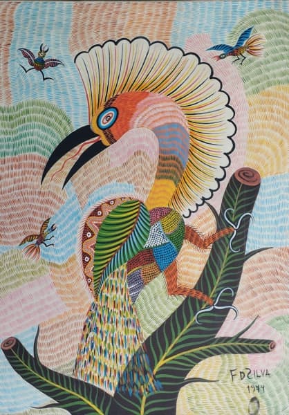 Escola do Pirambu. Chico Silva (Cruzeiro do Sul - Alto Tejo, Acre, 1910 Fortaleza, 1985) "Imaginários Zoomórficos". Tempera sobre tela. 70x50 cm. Assinado e datado (1974).Não moldurado. — Escola do Pirambu