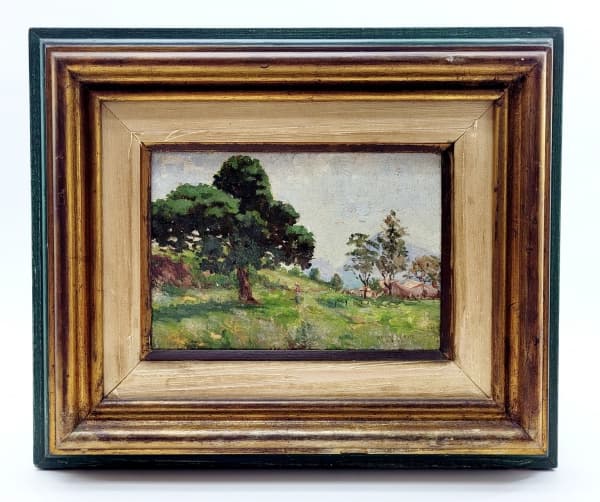 VICENTE LEITE - OSM 16 x 25cm, paisagem rural, assinado e datado 1931. Medida com moldura 37 x 46cm. Observação: possui marcas do tempo, pequenos danos na moldura e um pequeno dano na pintura. — Vicente Leite