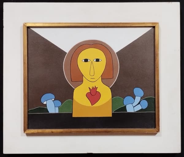 ANTONIO MAIA (1928-2008) - `O Sagrado`, pintura acrilica s/ tela, med. 31 x 38cm, assinado e datado 1975 frente e verso, localizdo Rio de Janeiro, emoldurado. — Antonio Maia