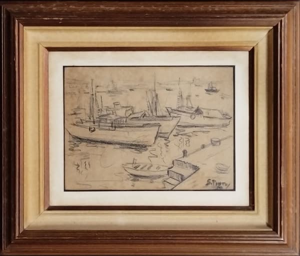 SYLVIO PINTO (1918-1997) - Marinha c/ Barcos, desenho a giz de cera, med. 23 x 31cm, assinado e datado, emoldurado em madeira c/ proteção em vidro. — Sylvio Pinto