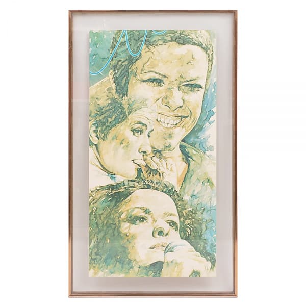 ARIMATHEA - "ELIS REGINA - 1983 - Guache sobre papel, representando faces da celébre cantora Elis Regina. Assinado e datado 83, no lado direito. Moldurado com vidro duplo e baguete em aluminio. Medindo 35 x 70 (MI) e 46 x 80 cm (ME). TOTAL: 01 PEÇA. — ARIMATHEA