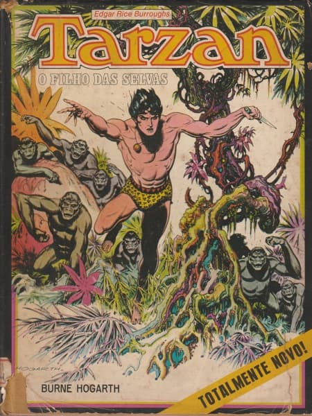 HQ TARZAN O FILHO DAS SELVAS - ENCADERNADO - COM SOBRECAPA - EBAL - Rio de Janeiro - Outubro de 1973 - Formato 22,5cm X 28,5cm. Desenhos de BURNE HOGARTH. Em bom estado de conservação. Apresentando amarelamento e pontos oxidação do papel devido a ação do tempo. Sobre capa desgastada com danos, requerendo cuidado ao manusear. 160 páginas. — HQ TARZAN O FILHO DAS SELVAS
