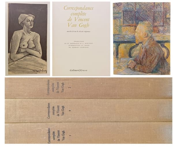 CORRESPONDANCE COMPLÈTE DE VINCENT VAN GOGH, ENRICHIE DE TOUS LES DESSINS ORIGINAUX. Luxuosa edição publicada em 1960 pela Gallimard/Grasset, em 3 volumes, encadernação original, em tecido, com introdução e notas de Georges Charensol, emuitos desenhos colados à mão. Em excelente estado de conservação. Rara. Bom estado de conservação; bordas amareladas e com pontos de oxidação em função do tempo. — CORRESPONDANCE COMPLÈTE DE VINCENT VAN GOGH