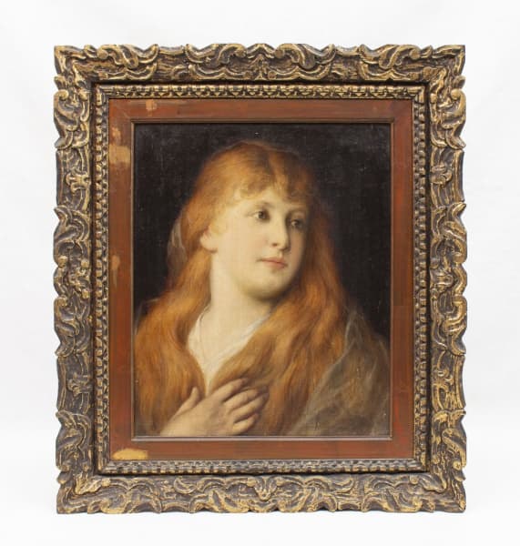 GABRIEL VAN MAX (Gabriel Cornelius Ritter von Max (23 de agosto de 1840 24 de novembro de 1915) (atribuído) - "Freya". Óleo sobre tela, 44,5 x 37,5 cm. Assinado, titulado e datado no C.S.D. - G. Max, 1897. No verso, etiqueta com informações do pintor. Moldura de madeira, dourada e entalhada, 63 x 55,5 cm. Gabriel foi um pintor austríaco nascido em Praga e professor de pintura histórica na Royal Academy of Fine Arts. Ele também era um colecionador de artefatos antropológicos. — GABRIEL VAN MAX