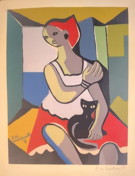 DI CAVALCANTI, Emiliano - "Figura e gatinho" - Gravura 25/100 - 60 x 50 cm - Assinada a Mão, a Lápis embaixo a Direita. — Di Cavalcanti