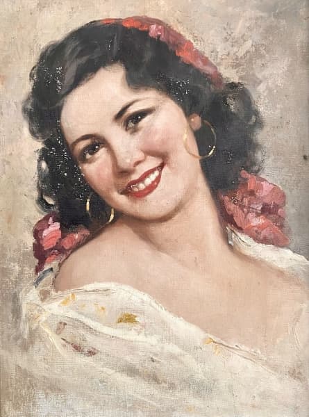 Espanhola. Óleo sobre tela. Sem assinatura. Moldura em madeira com douração. Med: 38 x 28 cm. Com mold: 50 x 40 cm. Moldura e pintura necessitam restauro — Espanhola