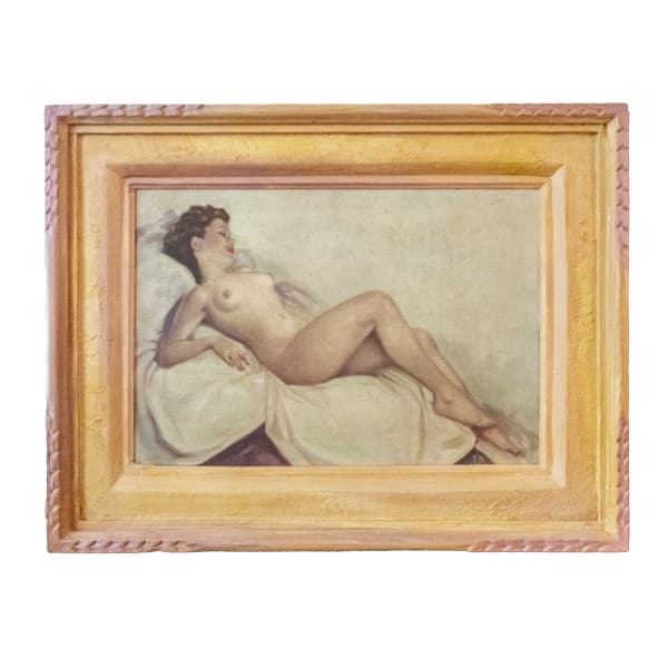 FERNAND JEAN BARBIER (Paris, França, c. 1890 - 1957) "Nu feminino", óleo sobre tela, medindo 38 cm por 55 cm, a.c.i.d.. No verso, carimbo do Ministério da Educação e Cultura - Museu Nacional de Belas Artes do Rio de Janeiro, provavelmente com datação prejudicada para o ano de 1937, participante de exposição. — FERNAND JEAN BARBIER