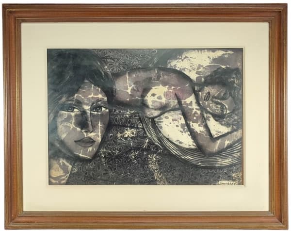 FARNESE DE ANDRADE (1926 - 1996) - FIGURAS - TÉCNICA MISTA SOBRE PAPEL COLADO NO EUCATEX - 50X70. Datado 75. No verso apresenta cachê da antiga galeria contorno. — Farnese de Andrade