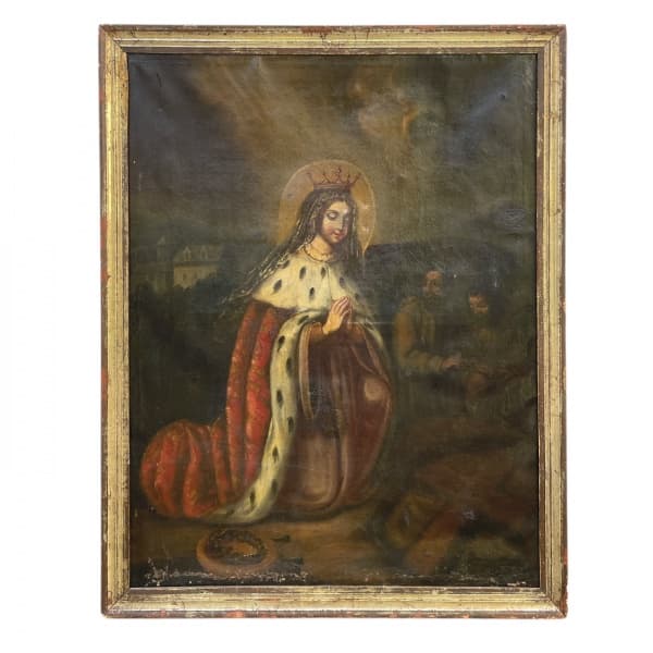 Escola Cusquenha, pintura sobre tela representando cena sacra. Século XVIII/ XIX. 103 x 83 cm (sem moldura) e 112 x 91 cm (com moldura). Com desgastes na pintura. — Escola Cusquenha