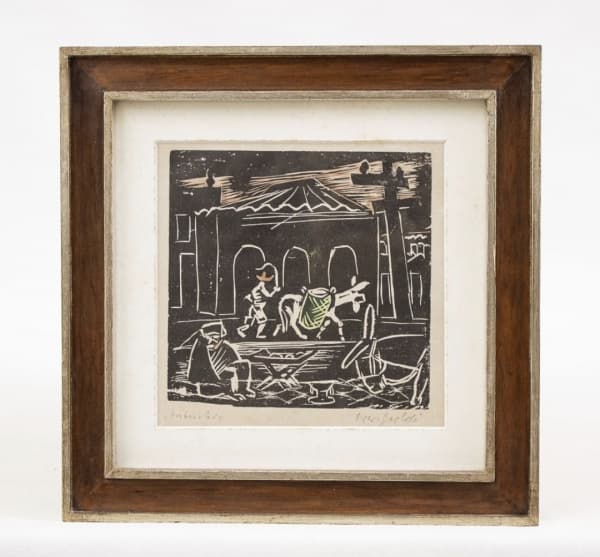 OSWALDO GOELDI (1895 - 1961) "Subúrbio", xilogravura a cores, 15 X 15cm, assinado no c.i.d. Obra reproduzida no livro do Artista em preto e branco - por Anibal M. Machado - Serviço de Documentação do Ministério da Educação Cultura - RJ. — Oswaldo Goeldi