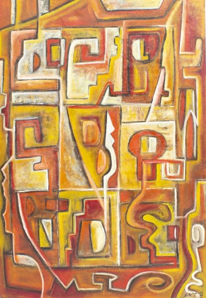 ELIZABETH KOBYLINSKI. - "Stonehenge", acrílico sobre tela com textura em pó de mármore, 130 X 90, assinado e datado (2003) no c.i.d e titulado, localizado (Rio de Janeiro) no verso. — ELIZABETH KOBYLINSKI.