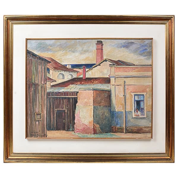 FRANK SHEAFFER - Raríssimo quadro de fachada. "Paisagem com Casario" - OST, assinado no CIE, datado de 1944, emoldurado e medindo: 78 x 58cm (obra) e 107 x 89cm (total) — FRANK SHEAFFER