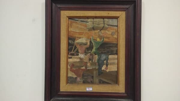 E. PROENCE SIGUAD - "Embarque" - Eucaustica sobre eucatex - Med. 36 x 27cm. (Com pequenos furos). — E. PROENCE SIGUAD