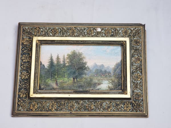 J. DAMBIER (Escola europeia) "Paisagem europeia" óleo sobre madeira, 20 x 32cm. Assinado. Moldura com perdas 36 x 48cm. — J. DAMBIER