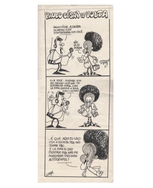 FUTEBOL PAULO CÉSAR CAJÚ - Desenho original de Lage, datado de outubro de 1973. Hélio Roberto Lage, arquiteto, ilustrador e cartunista. Começou sua carreira em 1967, fazendo charges para a Tribuna da Bahia, jornal onde permaneceu até seu falecimento. Dimensões 18 X 38 cm. Bem conservado. — FUTEBOL PAULO CÉSAR CAJÚ