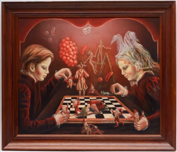 REGINA PUJOL- Quadro óleo sobre cartão "JOGO", assinado na parte inferior. Med: Moldura 62x73cm / 50x60cm — REGINA PUJOL
