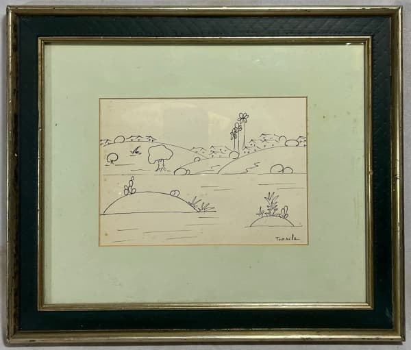 TARSILA DO AMARAL (Capivari, 1 de setembro de 1886 São Paulo, 17 de janeiro de 1973) - "Paisagem" nanquim, A.C.I.D, déc de 40. Med 29x33 cm (Com moldura). Sem expertise, não garantimos a autenticidade. — Tarsila do Amaral