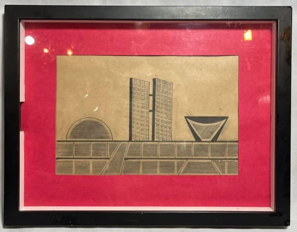 OSCAR NIEMEYER, Oscar Ribeiro de Almeida Niemeyer Soares Filho (Rio de Janeiro, 15 de dezembro de 1907 Rio de Janeiro, 5 de dezembro de 2012) - "Cena de Brasília" nanquim, A.C.I.D, déc de 70. Med 34x44 cm. (Com moldura). — Oscar Niemeyer