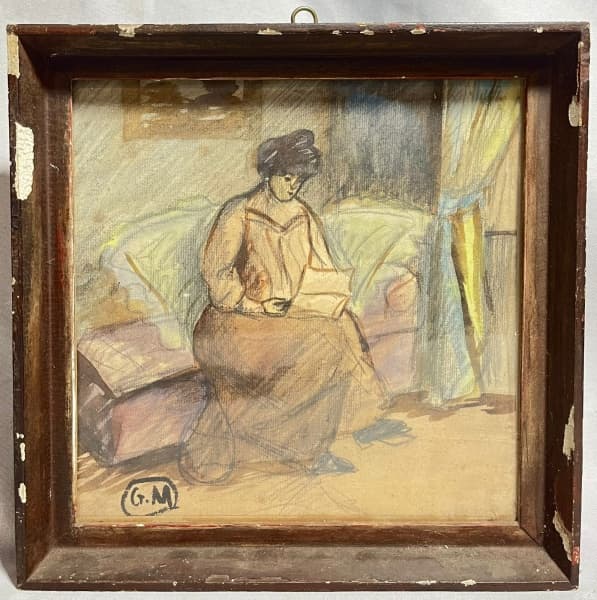 ASSINATURA NÃO IDENTIFICADA - "Cena de Época" técnica mista, A.C.I.E. Med 29x29 cm (com moldura). — Assinatura Não Identificada