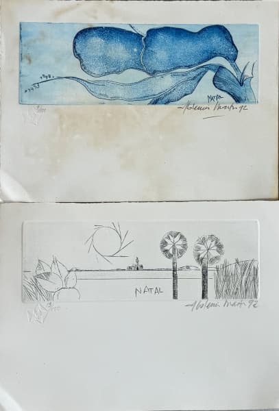 ALDEMIR MARTINS (1922-2006). Dois cartões de Natal. "Paisagem com igreja" e "pássaro", serigrafia a cores. 25 x 35. Assinados e datados (1992) no c.i.d. (Uma com papel manchado). — Aldemir Martins