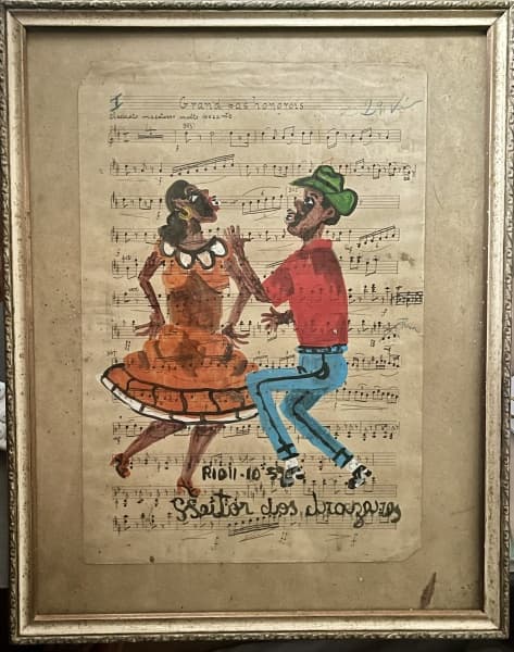 HEITOR DOS PRAZERES (1898 - 1966) - "SAMBISTAS" / Técnica Mista Sobre Partitura Em Papel , datado e localizado Rio, 11/10.59, medindo 38 x 49 cm. — Heitor dos Prazeres
