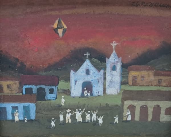 FULVIO PENNACCHI (Itália, 1905-1992). Festa Junina. Óleo sobre Eucatex. 7,5 x 9,5 cm. Assinado no canto superior direito e verso. — Fulvio Pennacchi