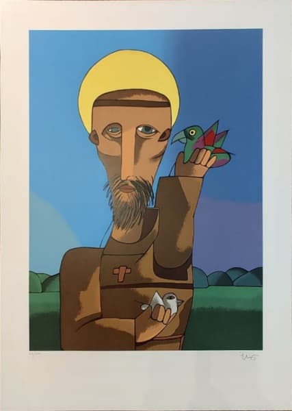 INOS CORRADIN - Tiragem 67/100, serigrafia, tema "São Francisco de Assis". Medidas: 70 x 50 cm. — Inos Corradin